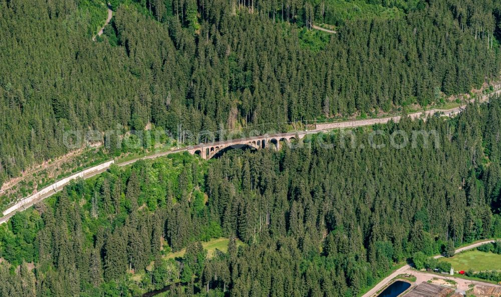 Lenzkirch from above - Viaduct of the railway bridge structure to route the railway tracks in Lenzkirch in the state Baden-Wuerttemberg, Germany