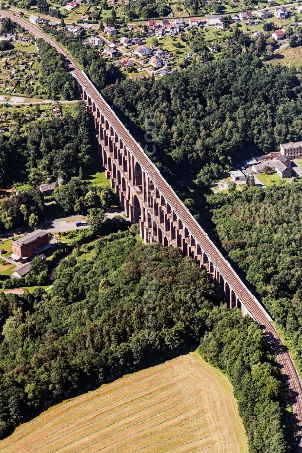 Netzschkau from above - Viaduct of the railway bridge structure to route the railway tracks in Netzschkau in the state Saxony, Germany