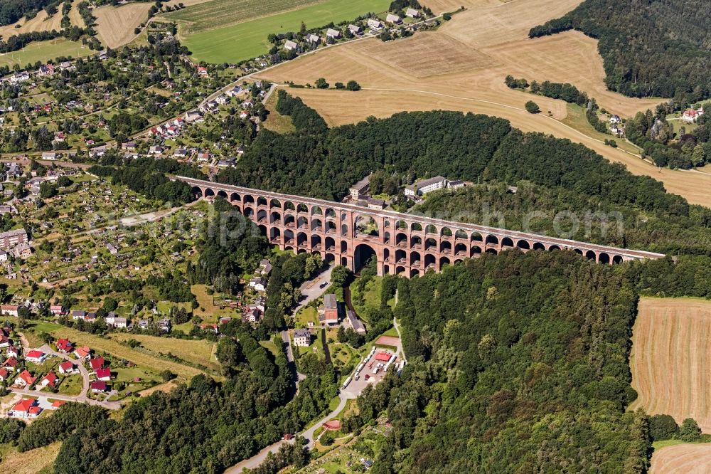 Netzschkau from above - Viaduct of the railway bridge structure to route the railway tracks in Netzschkau in the state Saxony, Germany