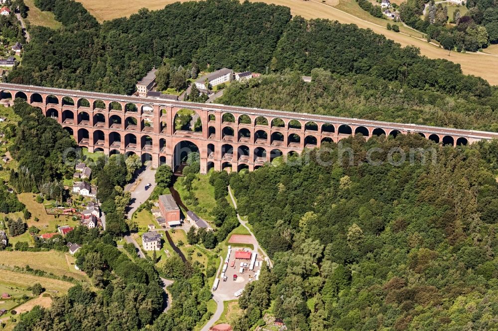 Netzschkau from the bird's eye view: Viaduct of the railway bridge structure to route the railway tracks in Netzschkau in the state Saxony, Germany