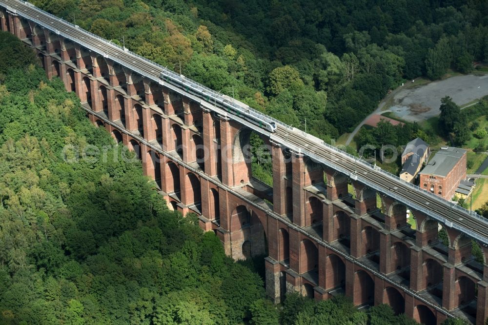 Netzschkau from above - Viaduct of the railway bridge structure to route the railway tracks in Netzschkau in the state Saxony, Germany