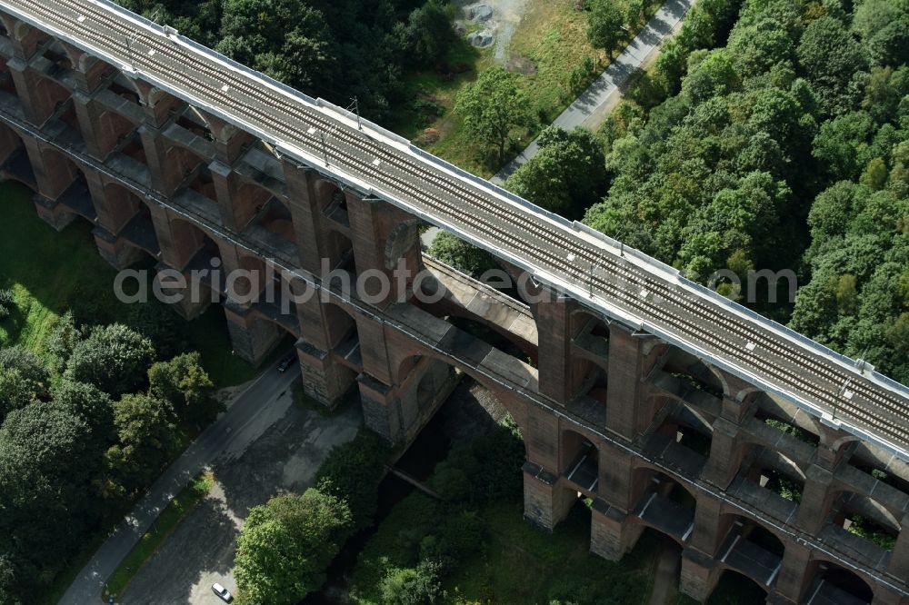 Netzschkau from above - Viaduct of the railway bridge structure to route the railway tracks in Netzschkau in the state Saxony, Germany