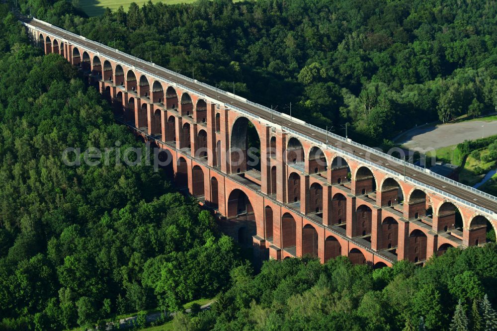 Netzschkau from above - Viaduct of the railway bridge structure to route the railway tracks on street Brueckenstrasse in Netzschkau Vogtland in the state Saxony, Germany