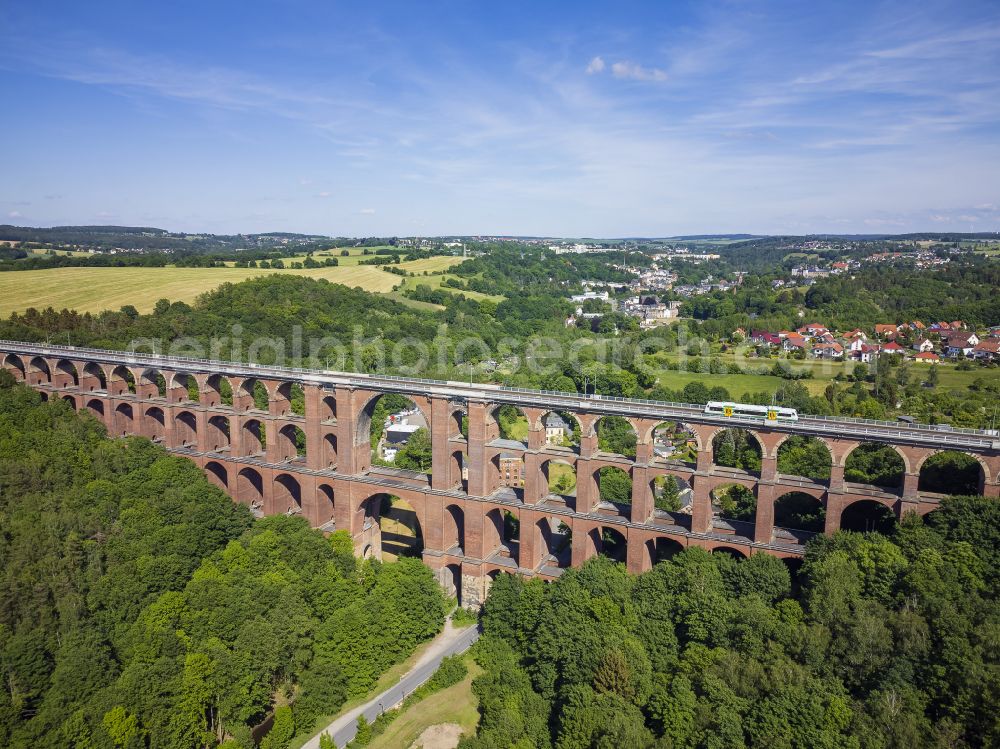 Netzschkau from above - Viaduct of the railway bridge structure to route the railway tracks in Netzschkau in the state Saxony, Germany