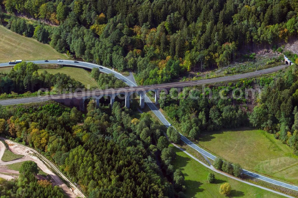 Obersinn from the bird's eye view: Viaduct of the railway bridge structure to route the railway tracks in Obersinn in the state Bavaria, Germany