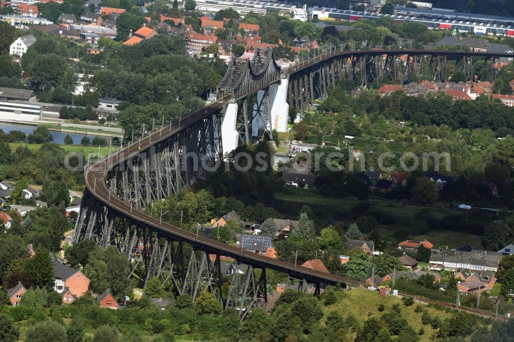 Osterrönfeld from above - Viaduct of the railway bridge structure to route the railway tracks in Osterroenfeld in the state Schleswig-Holstein