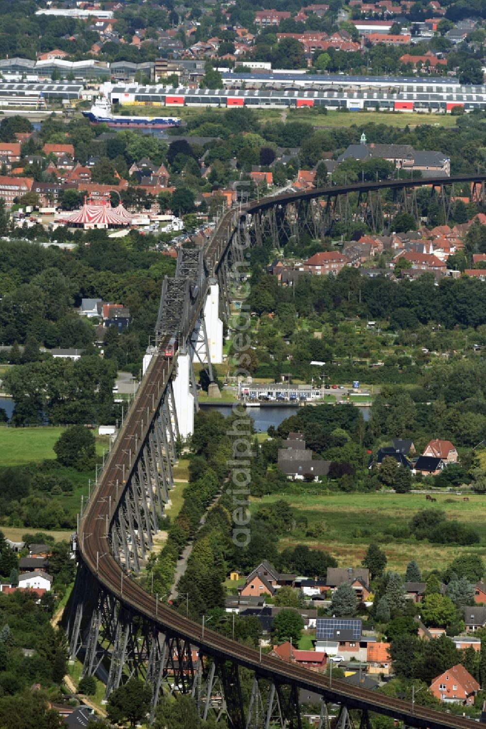 Osterrönfeld from above - Viaduct of the railway bridge structure to route the railway tracks in Osterroenfeld in the state Schleswig-Holstein