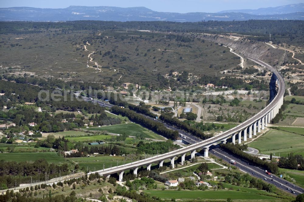 Ventabren from above - Viaduct of the railway bridge structure to route the railway tracks in Ventabren in Provence-Alpes-Cote d'Azur, France