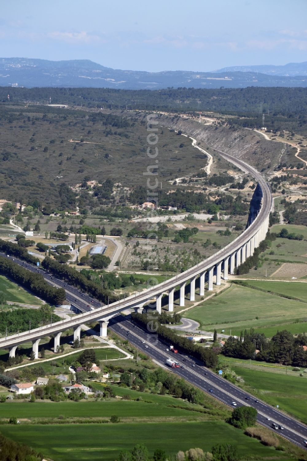 Ventabren from above - Viaduct of the railway bridge structure to route the railway tracks in Ventabren in Provence-Alpes-Cote d'Azur, France