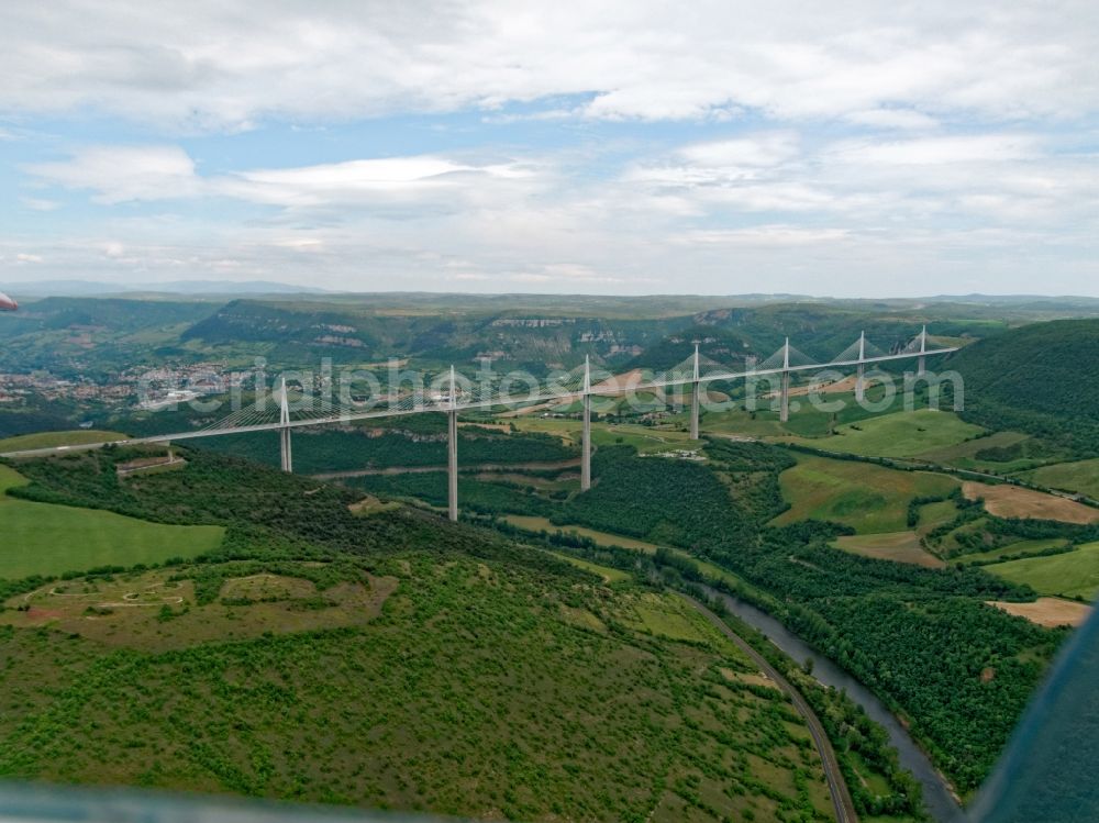 Midi-Pyrénées from the bird's eye view: Viaduct of the expressway A75 motorway bridge Millau Viaduc de Millau in Midi-Pyrénées in Frankreich