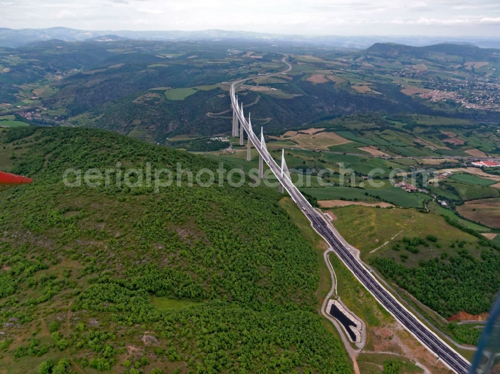 Aerial image Midi-Pyrénées - Viaduct of the expressway A75 motorway bridge Millau Viaduc de Millau in Midi-Pyrénées in Frankreich