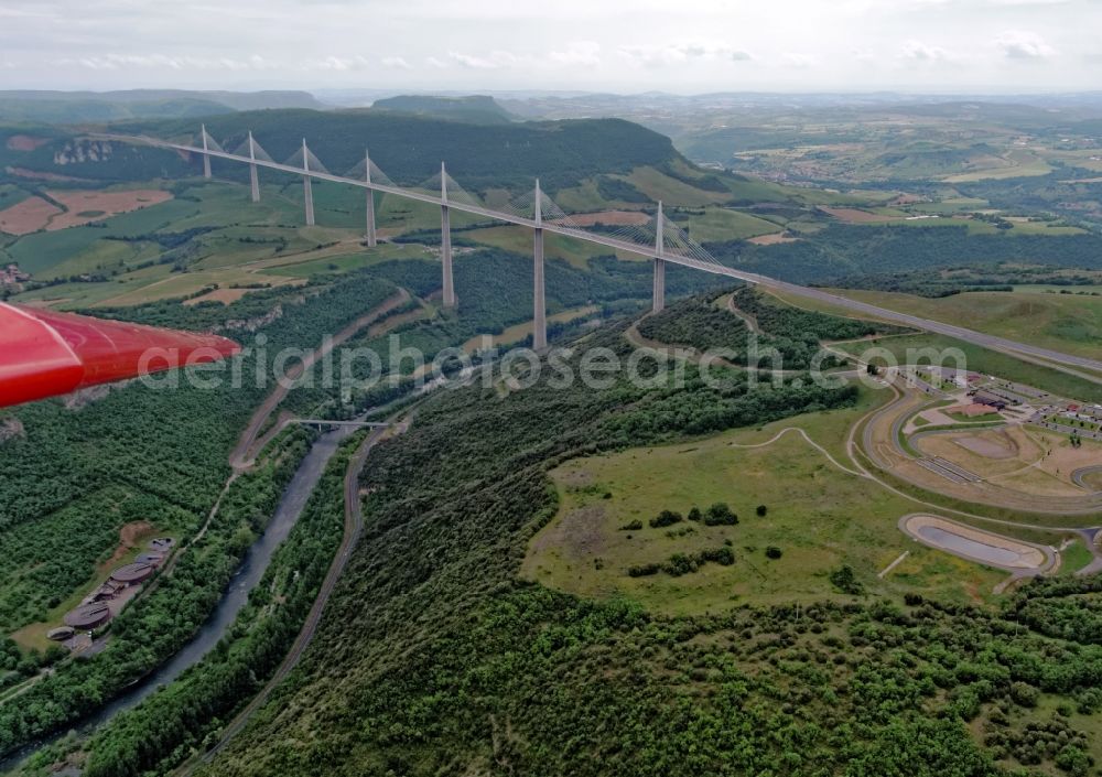 Midi-Pyrénées from above - Viaduct of the expressway A75 motorway bridge Millau Viaduc de Millau in Midi-Pyrénées in Frankreich