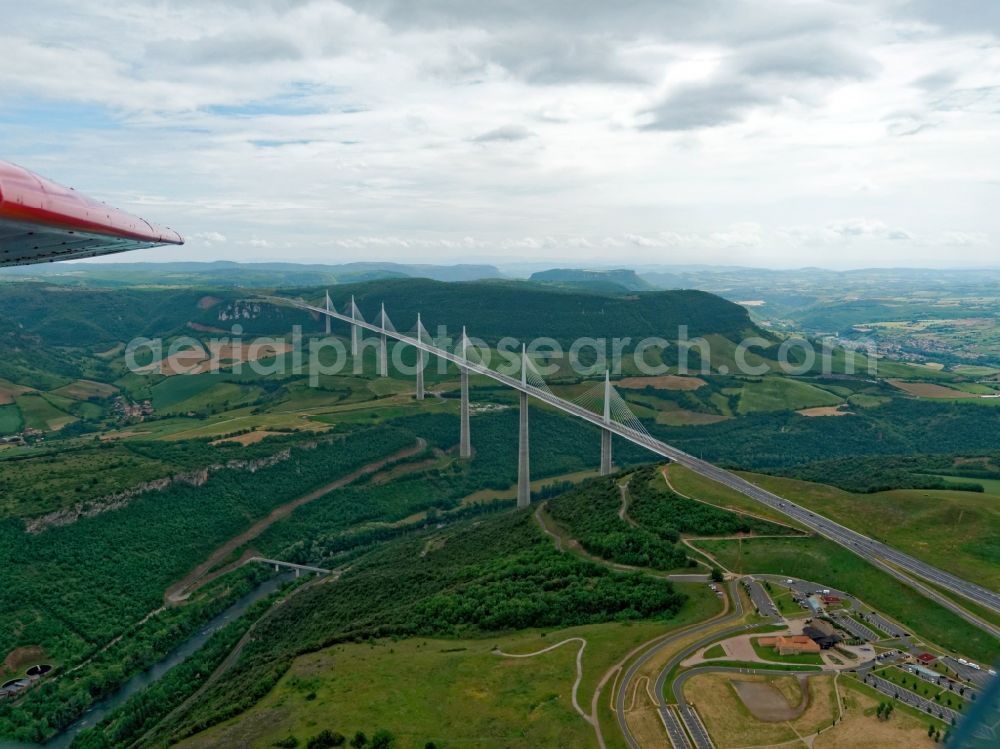 Midi-Pyrénées from the bird's eye view: Viaduct of the expressway A75 motorway bridge Millau Viaduc de Millau in Midi-Pyrénées in Frankreich