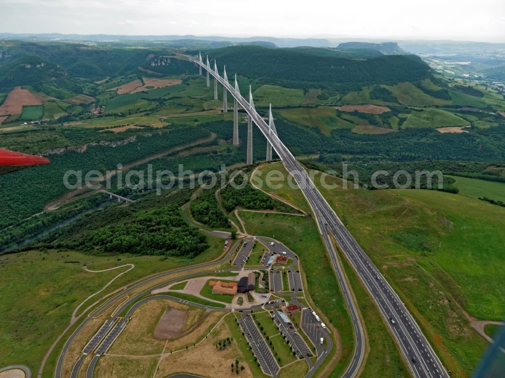 Aerial image Midi-Pyrénées - Viaduct of the expressway A75 motorway bridge Millau Viaduc de Millau in Midi-Pyrénées in Frankreich