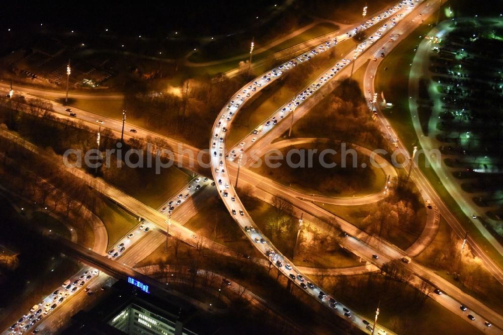 Aerial image München - Night aerial view from the traffic on the viaduct of the expressway at the Georg-Brauchle-Ring in Munich in Bavaria