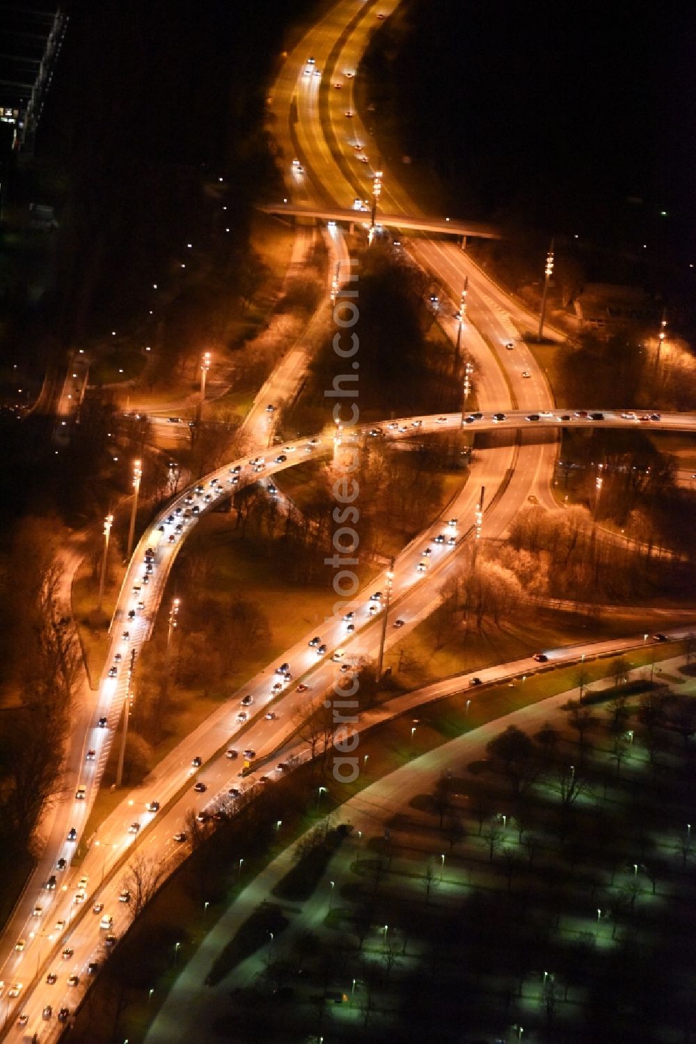 Aerial image München - Night aerial view from the traffic on the viaduct of the expressway at the Georg-Brauchle-Ring in Munich in Bavaria