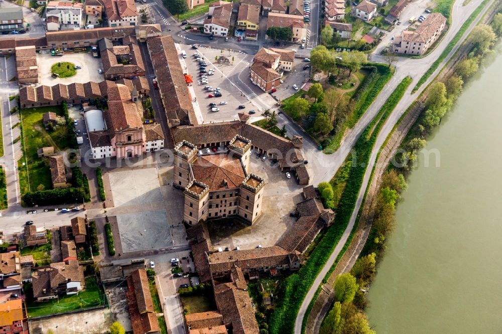 Aerial photograph Mesola - Castle towers at Castle Castle of Robinie Castello di Mesola - Delizia Estense at the Po river in Mesola in Emilia-Romagna, Italy