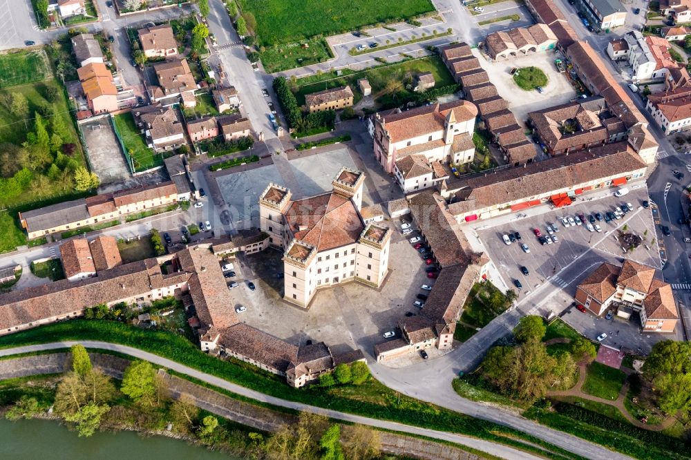 Mesola from the bird's eye view: Castle towers at Castle Castle of Robinie Castello di Mesola - Delizia Estense at the Po river in Mesola in Emilia-Romagna, Italy