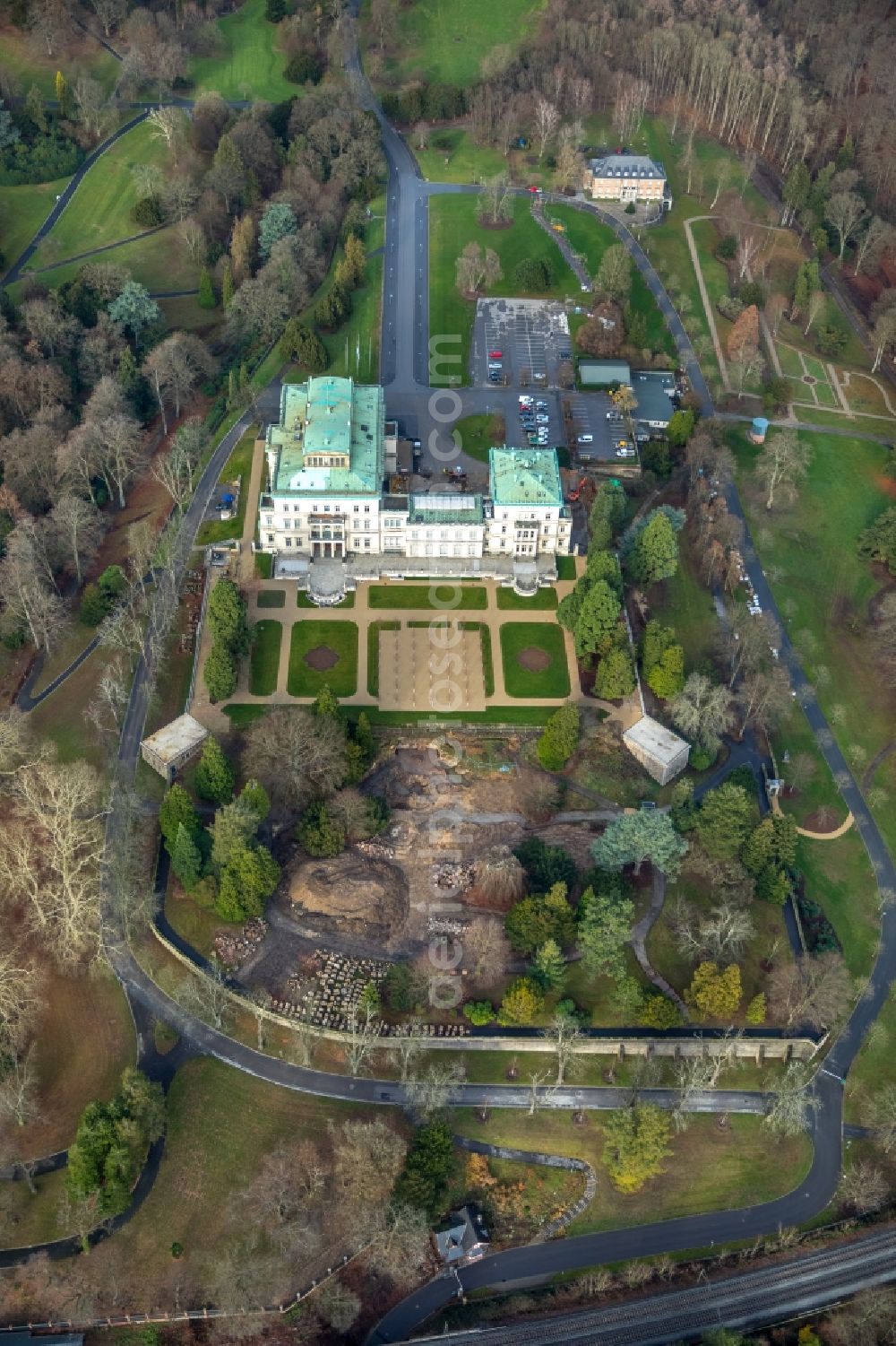 Essen from the bird's eye view: View of the Villa Huegel nearby Huegelpark in the district of Essen Bredeney. It was built by Alfred Krupp and is the former residence of the family Krupp