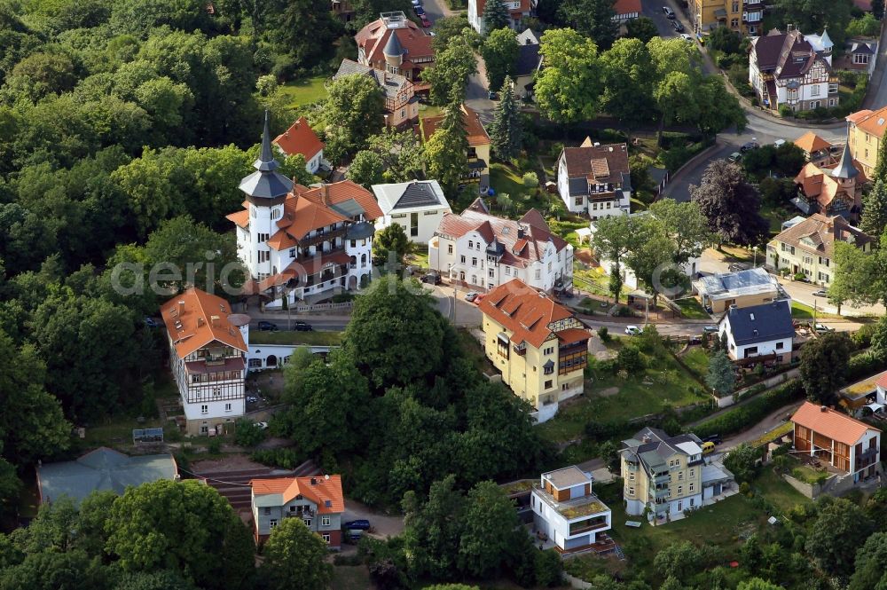 Aerial image Eisenach - In the Johannes Falk Road in Eisenach in Thuringia regions, there is a greater number of handsome villas. Some of them were built in the early days, other purchased only in recent decades. In the center of the picture, the house with its distinctive tower, the John Falk-Home, a residential facility for children and adolescents. This facility is operated by the Evangelical Lutheran Eisenach Deaconess House Foundation