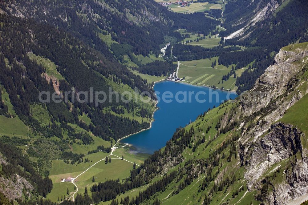 Aerial image Gemeinde Reutte - Lake Vilsalpsee in the Alpine village of Reutte in Austria