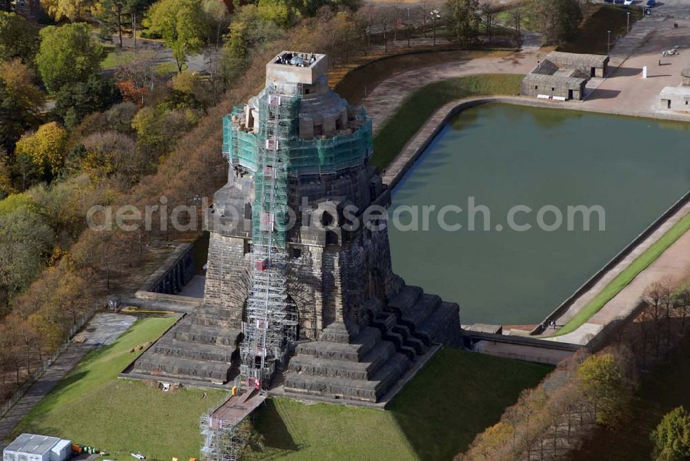 Aerial image Leipzig - Blick auf die Bauarbeiten am Völkerschlachtdenkmal in der Prager Straße, 04299 Leipzig - Tel.: 0341/8 78 04 71 - Fax: 0341/8 78 04 71 - E-Mail: Voelkerschlachtdenkmal.Leipzig@t-online.de - Ansprechpartner: Steffen Poser Achim Walder: