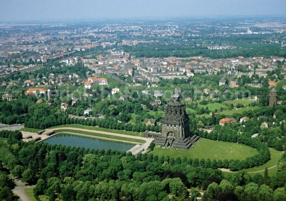 Leipzig from the bird's eye view: Blick auf das Völkerschlachtdenkmal in Leipzig. Die Gedenkstätte, gebaut in Erinnerung an die Völkerschlacht 1813, ist das größte Denkmal Europas und eines der Wahrzeichen Leipzigs. View of the Monument to the Battle of the Nations in Leipzig. The memorial, built in commemoration of the Battle of Nations in 1813, is the largest monument in Europe and one of the landmarks of Leipzig.