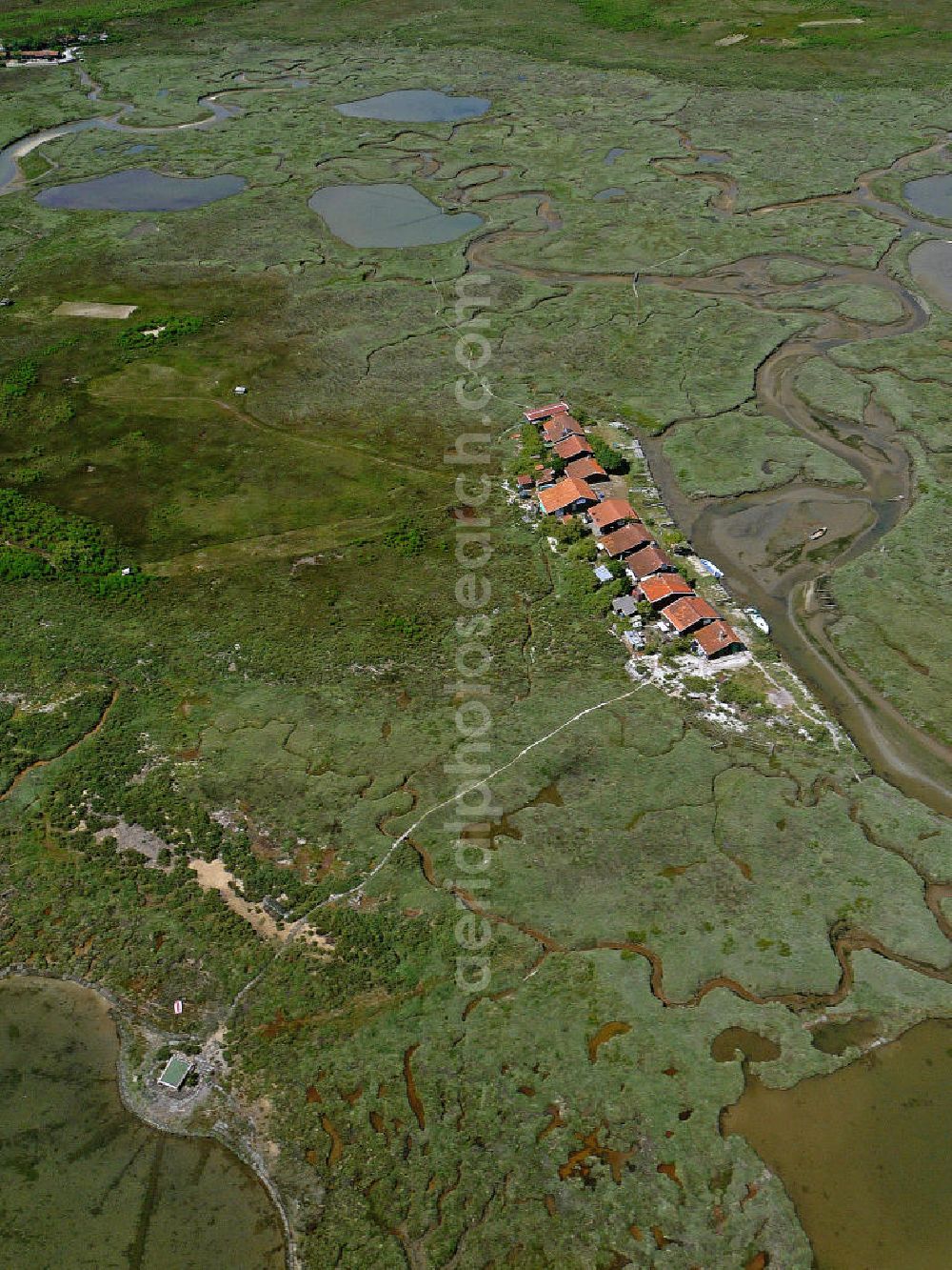 08.07.2008 from above - Blick auf die Vogelinsel im Becken von Arcachon. Ihren Namen verdankt sie den zahlreichen Wasservögeln, denen sie zur Rast und Futtersuche dient. In dem Naturschutzgebiet sind lediglich 4 Hüttendörfer zu finden. Die Küsten der Inseln werden wie im gesamten Becken für die Austernzucht genutzt, die hier durch Ebbe und Flut ermöglicht wird. View at the bird island in theBay of Arcachon. It has its name from the many water birds, which use the place to rest and forage. In the nature reserve only 4 hut villages are located. The shores of the island are used as in the whole basin for the cultivation of oysters, which is made possible by the tides.