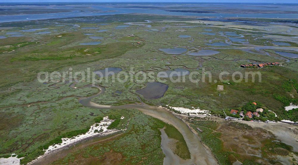 Aerial photograph 08.07.2008 - Blick auf die Vogelinsel im Becken von Arcachon. Ihren Namen verdankt sie den zahlreichen Wasservögeln, denen sie zur Rast und Futtersuche dient. In dem Naturschutzgebiet sind lediglich 4 Hüttendörfer zu finden. Die Küsten der Inseln werden wie im gesamten Becken für die Austernzucht genutzt, die hier durch Ebbe und Flut ermöglicht wird. View at the bird island in theBay of Arcachon. It has its name from the many water birds, which use the place to rest and forage. In the nature reserve only 4 hut villages are located. The shores of the island are used as in the whole basin for the cultivation of oysters, which is made possible by the tides.