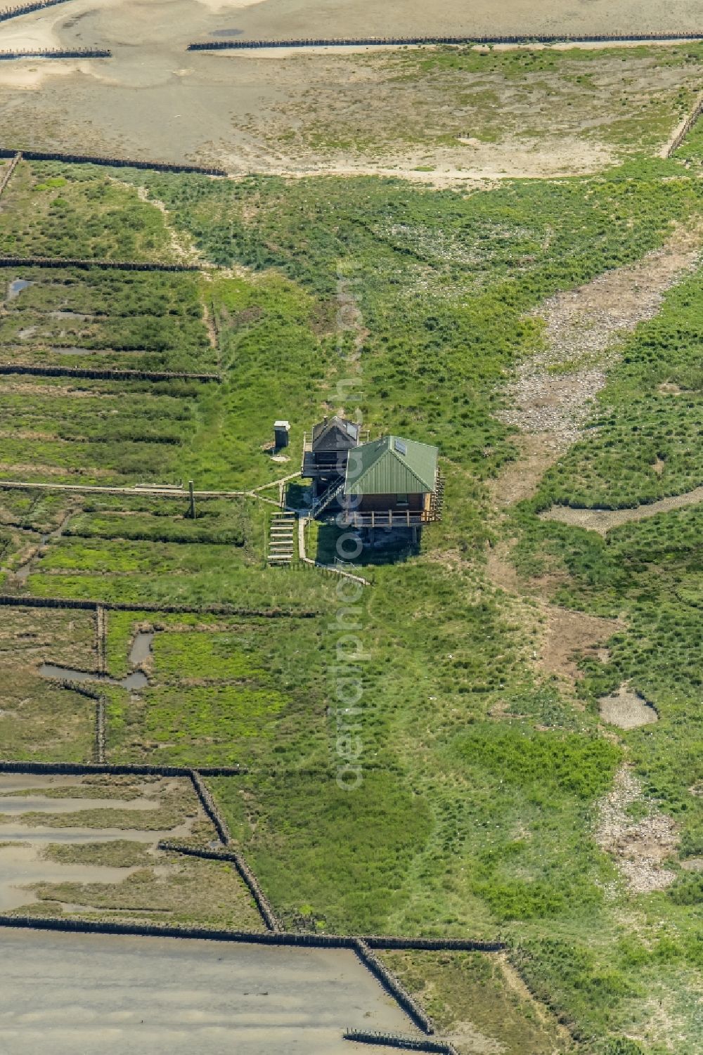 Norderoog from above - Bird shelter, grassy structures in a Hallig landscape in Norderoog in the state Schleswig-Holstein, Germany