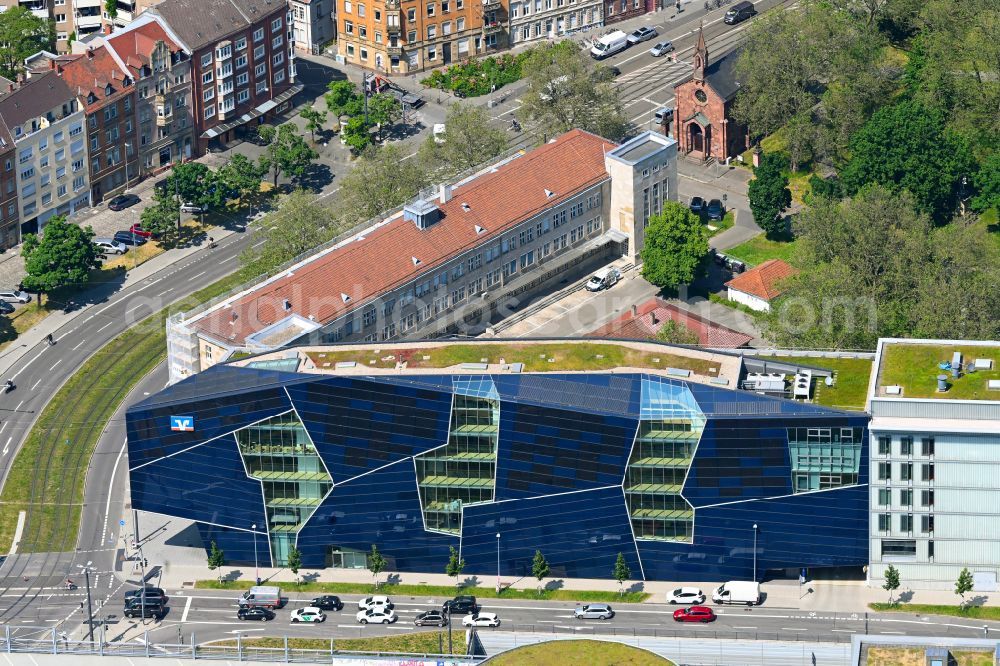 Aerial photograph Karlsruhe - Headquarters of Volksbank Karlsruhe eG. at Ludwig-Erhard-Allee in Karlsruhe in the state Baden-Wurttemberg, Germany