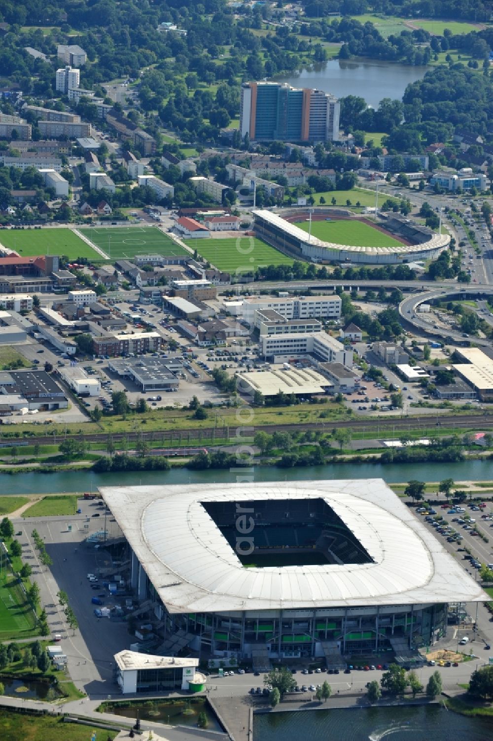 Wolfsburg from the bird's eye view: View of the Volkswagen Arena in Wolfsburg Allerwiese 1 in 38 446. The modern stadium is home to VfL Wolfsburg