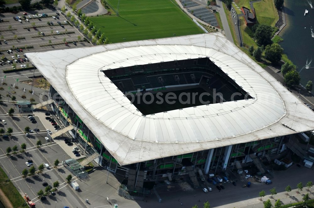 Aerial image Wolfsburg - View of the Volkswagen Arena in Wolfsburg Allerwiese 1 in 38 446. The modern stadium is home to VfL Wolfsburg