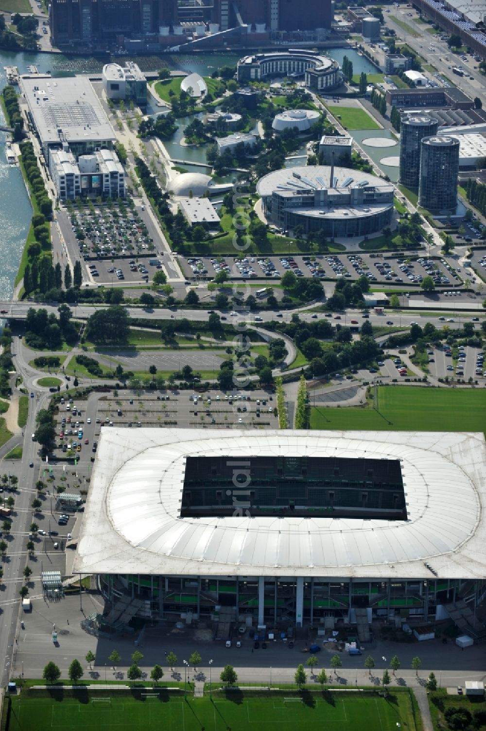 Aerial image Wolfsburg - View of the Volkswagen Arena in Wolfsburg Allerwiese 1 in 38 446. The modern stadium is home to VfL Wolfsburg