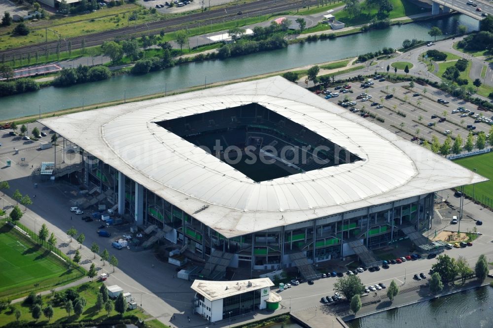 Wolfsburg from above - View of the Volkswagen Arena in Wolfsburg Allerwiese 1 in 38 446. The modern stadium is home to VfL Wolfsburg