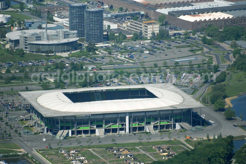 Aerial image Wolfsburg - Blick auf die Volkswagen Arena Wolfsburg (Stadion Wolfsburg). Die Stadionkapazität beträgt 30000. Kontakt: fussball@vfl-wolfsburg.de; Tel. 05361-89 03 0