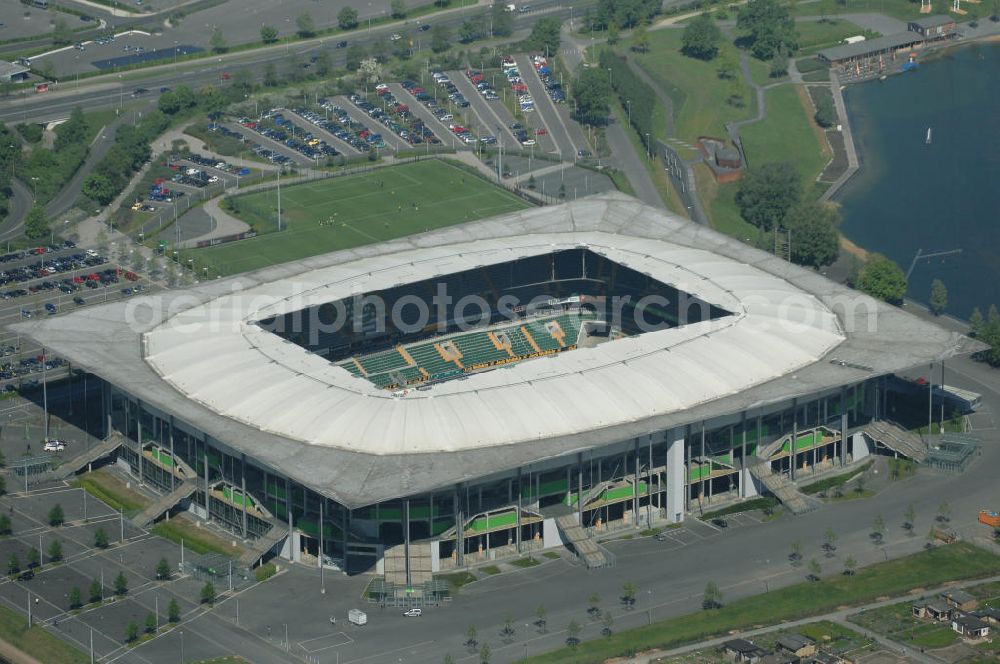 Wolfsburg from above - Blick auf die Volkswagen Arena Wolfsburg (Stadion Wolfsburg). Die Stadionkapazität beträgt 30000. Kontakt: fussball@vfl-wolfsburg.de; Tel. 05361-89 03 0