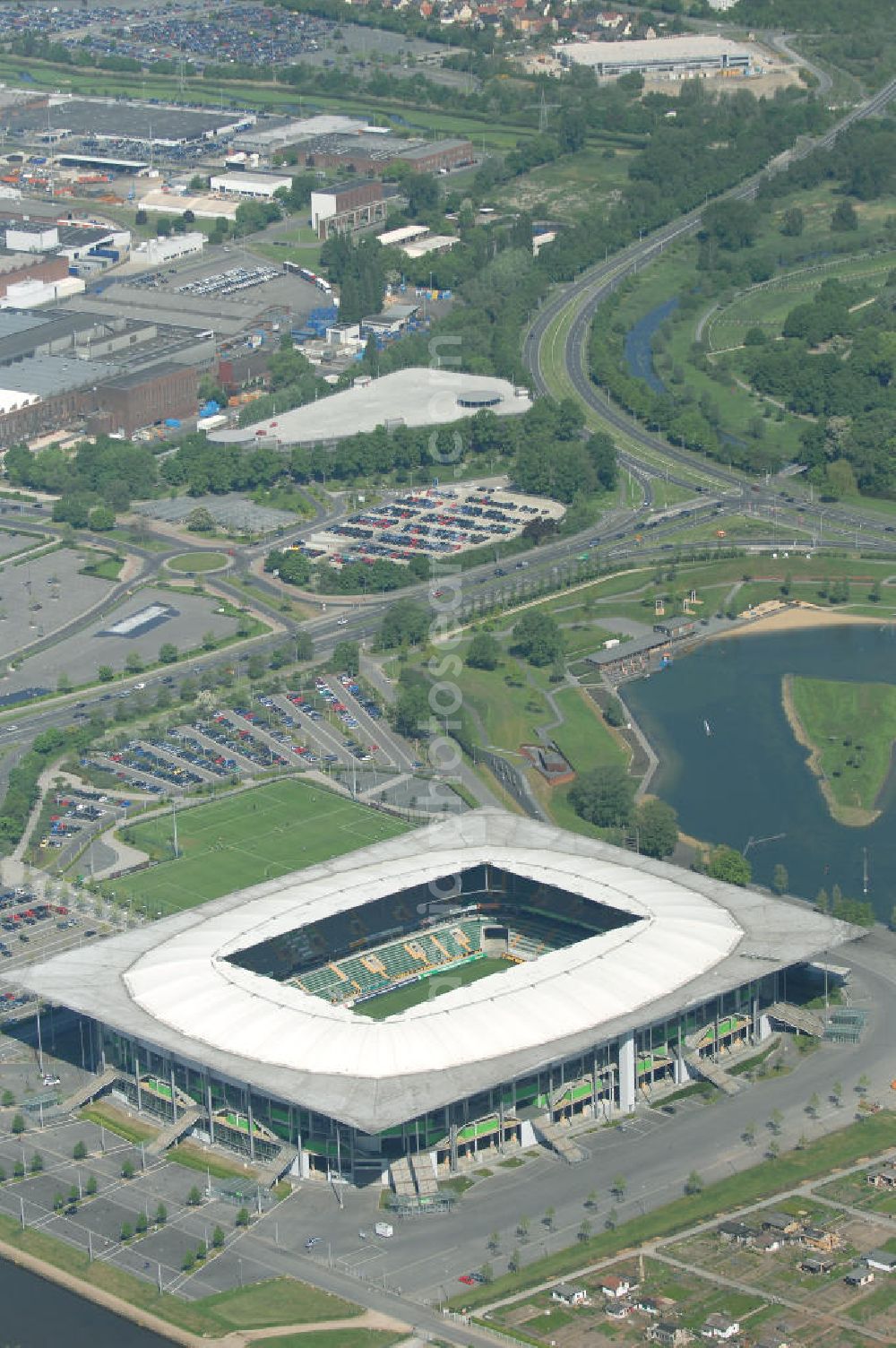 Aerial image Wolfsburg - Blick auf die Volkswagen Arena Wolfsburg (Stadion Wolfsburg). Die Stadionkapazität beträgt 30000. Kontakt: fussball@vfl-wolfsburg.de; Tel. 05361-89 03 0