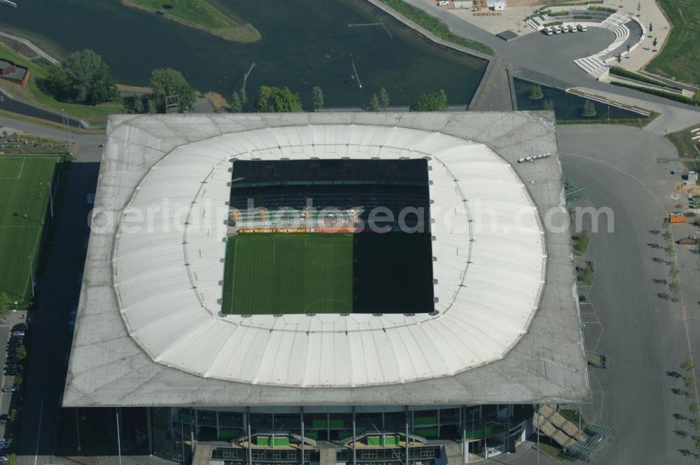 Wolfsburg from above - Blick auf die Volkswagen Arena Wolfsburg (Stadion Wolfsburg). Die Stadionkapazität beträgt 30000. Kontakt: fussball@vfl-wolfsburg.de; Tel. 05361-89 03 0