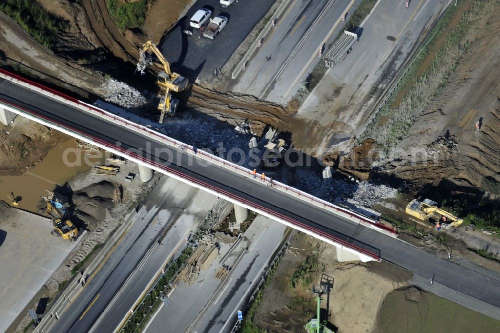 Aerial photograph Schwanebeck - View of the construction site at the motorway junction Barnim. It was the demolition of the old bridge structure 1 Ü1