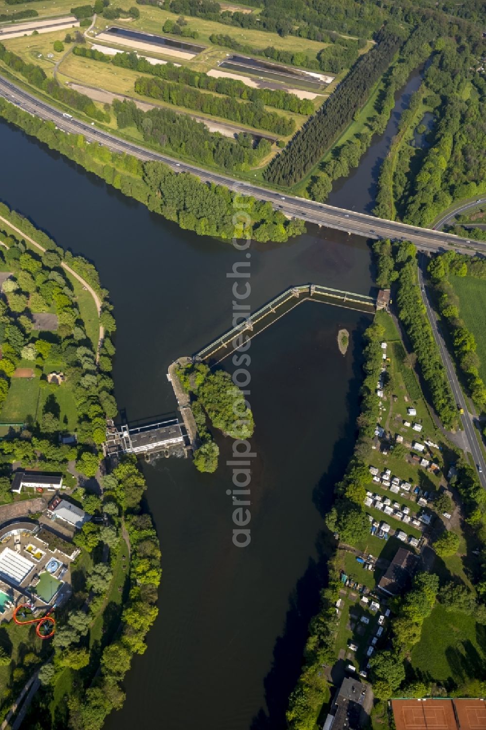 Herdecke from above - River Ruhr at the power plant pin mill with pool Herdecke in Herdecke in North Rhine-Westphalia