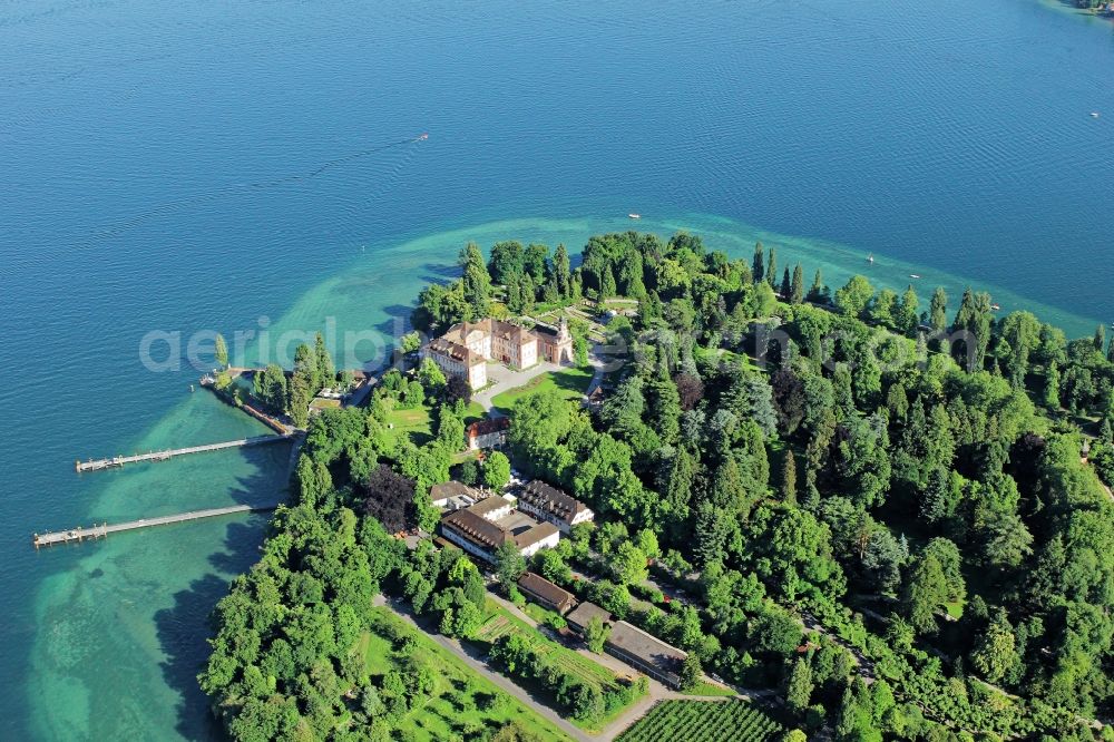 Konstanz from above - Island area Mainau with the village center in Konstanz in the state Baden-Wuerttemberg, Germany