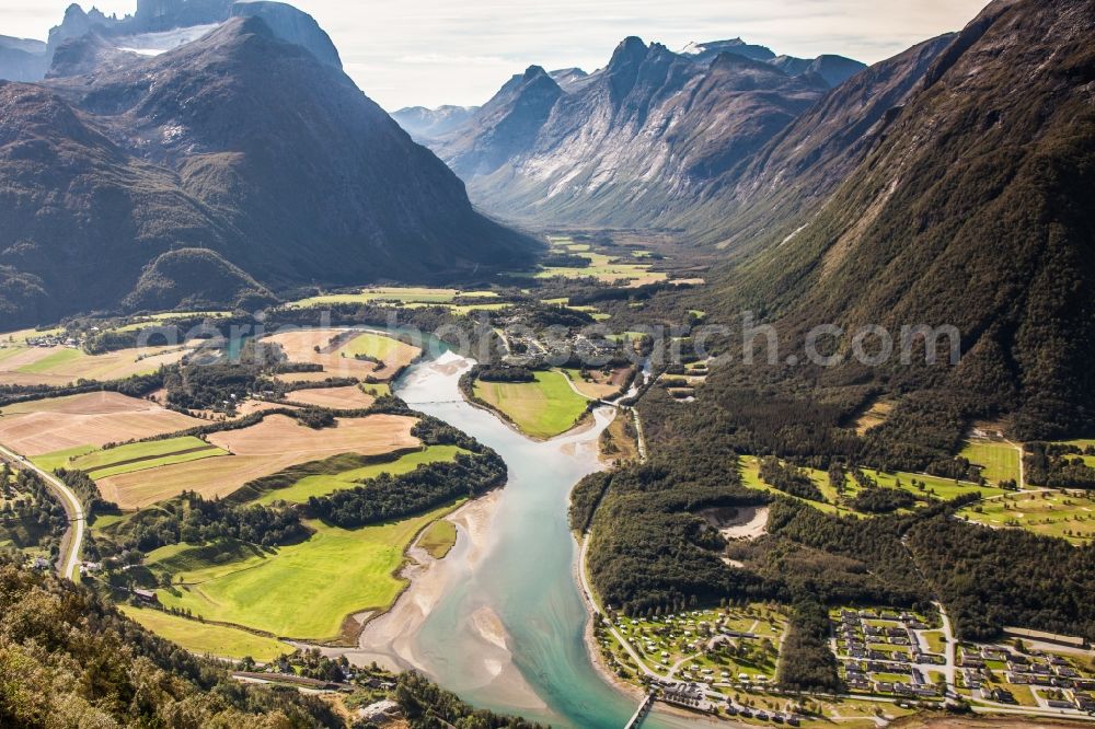 Aerial image Andalsnes - Valley landscape surrounded by mountains in Andalsnes in Moere og Romsdal, Norway