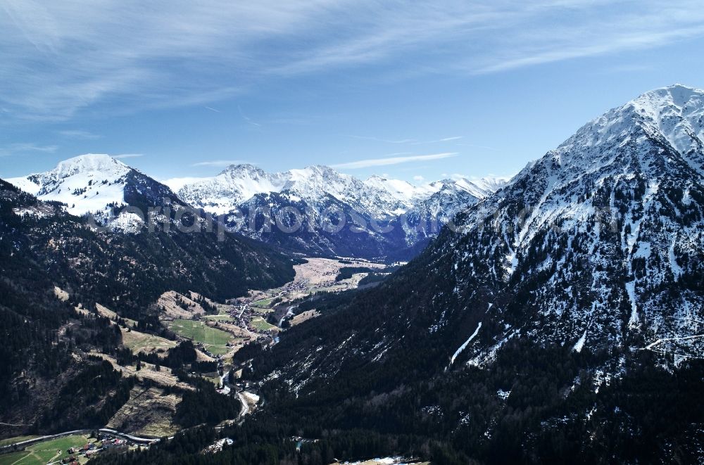 Bad Hindelang from above - Valley landscape surrounded by mountains in Bad Hindelang in the state Bavaria, Germany