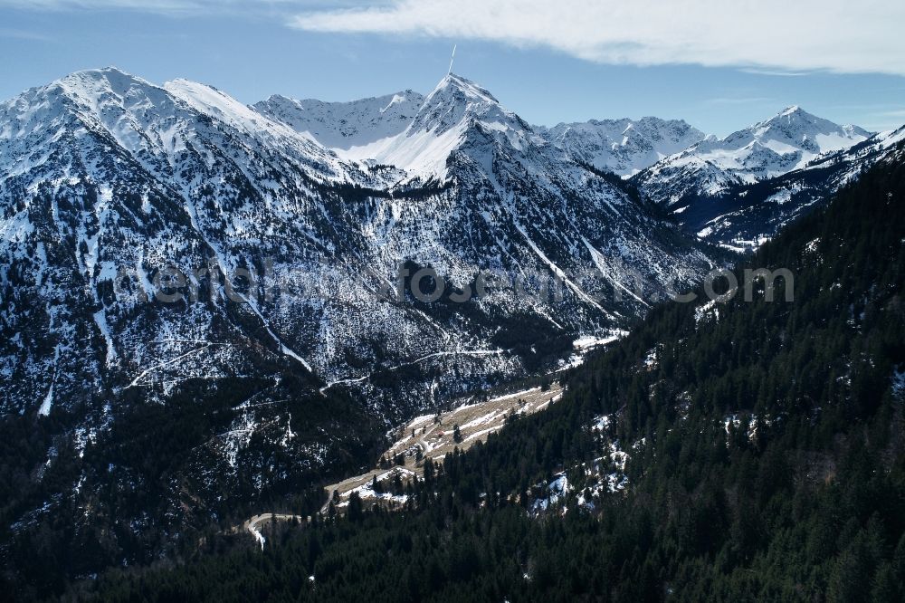 Bad Hindelang from the bird's eye view: Valley landscape surrounded by mountains in Bad Hindelang in the state Bavaria, Germany