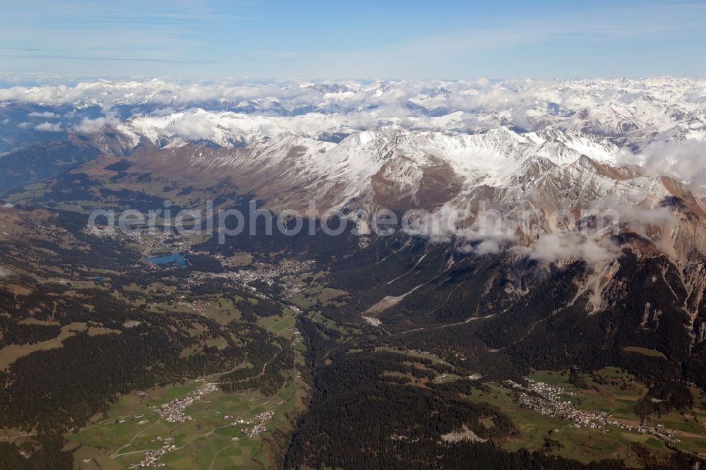 Aerial image Lenzerheide - Valley landscape surrounded by mountains in Lenzerheide in the canton Graubuenden, Switzerland