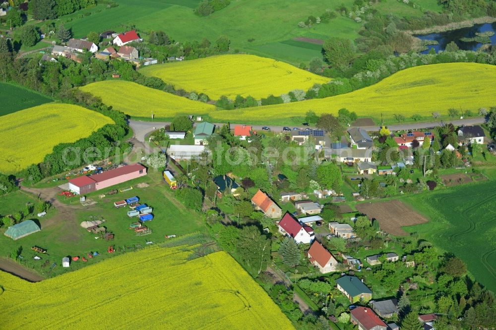 Wriezen Ortsteil Biesdorf from the bird's eye view: Surrounded by blossoming yellow canola fields of the village the village Biesdorf, a district of Wriezen in Brandenburg