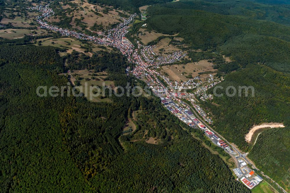 Frammersbach from above - Surrounded by forest and forest areas center of the streets and houses and residential areas in Frammersbach in the state Bavaria, Germany