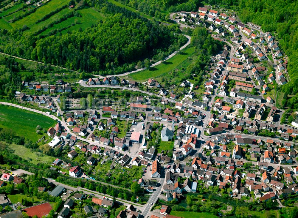 Aerial photograph Gerhausen - Surrounded by forest and forest areas center of the streets and houses and residential areas in Gerhausen in the state Baden-Wuerttemberg, Germany