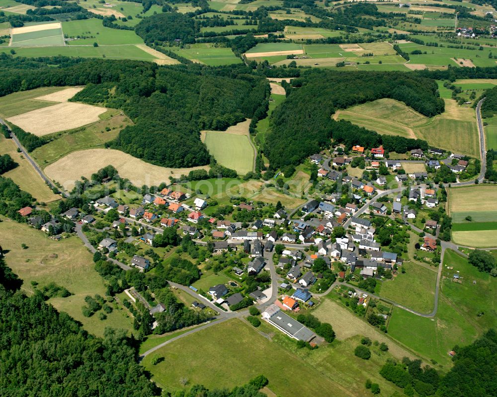 Hirschberg from above - Surrounded by forest and forest areas center of the streets and houses and residential areas in Hirschberg in the state Hesse, Germany